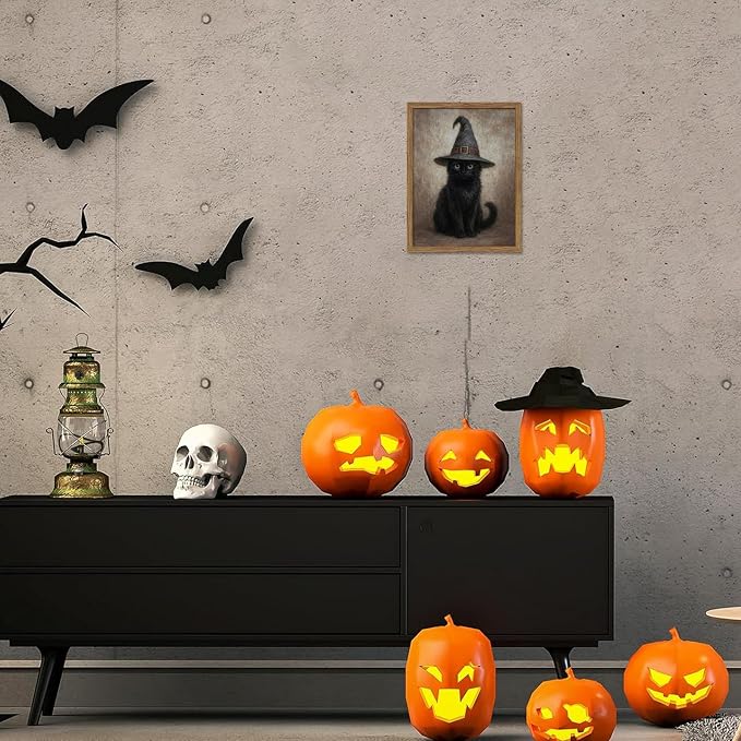 Framed Halloween Cat Wall Art, Vintage Gothic Black Cat Witch Canvas Wall Decor Paintings, Moody Dark Academia Animal Artwork Posters Prints Pictures for Bedroom Living Room 8x10 Inch