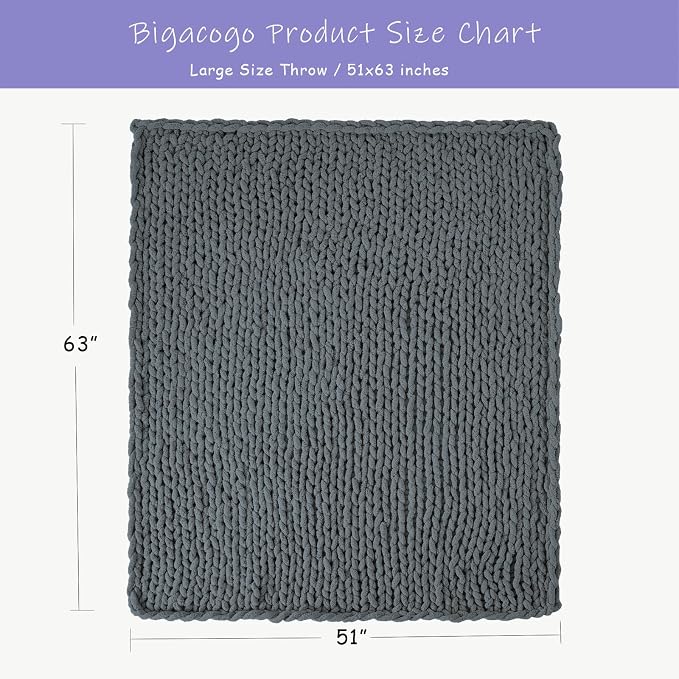 Bigacogo Chunky Knit Throw Blanket for Couch, 51x63 inches, Iron Gray | Hand Knit with Jumbo Chenille, Soft Breathable Cable Knit for Sofa Bed Living Room, Machine Washable, Gift for Mom Friend