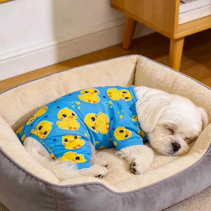 Dog Pajamas Summer Cute Print Puppy Jumpsuit Thin Dog Onesie Small Dog Clothes with Comfy & Elastic Frbic Puppy Pjs(Blue Duck, Medium)