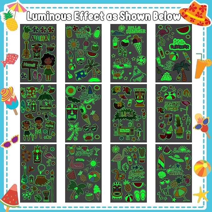 Partywind 190 Styles Luminous Hawaiian Luau Party Decorations, Glow Hawaiian Temporary Tattoos for Kids, Luau Tropical Pool Beach Party Supplies Favors (12 Sheets)