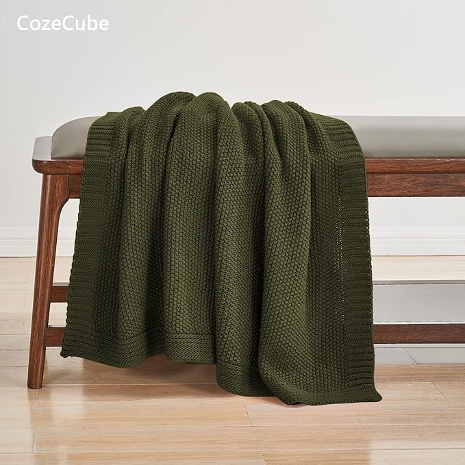 CozeCube Olive Green Seed Stitch Throw Blanket 60"x80", Farmhouse Decor | Blanket for Couch, Soft Cozy Cable Knit Throw for Bed Sofa Living Room, Lightweight Warm Decorative Christmas Blanket