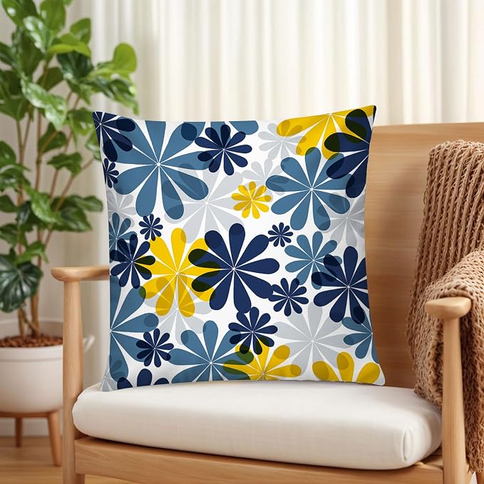 Navy Yellow Linen Throw Pillow Covers 18x18 Set of 6, Daisy Floral Decor | decorative daisy dahlia, Botanical floral, Standard Throw Pillow Size, Breathable Linen, Spring Couch Sofa Living Room