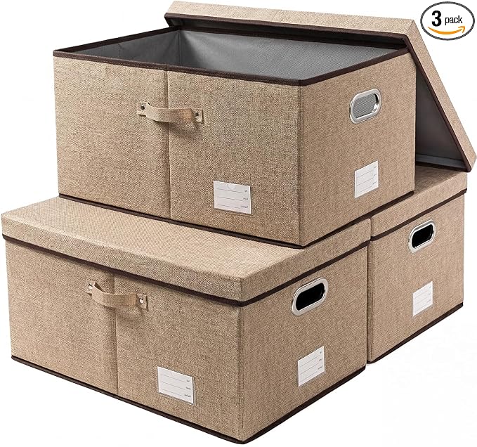 Storage Bins with Lids [3-Pack] Jute Fabric Foldable Storage Boxes Organizer Containers Baskets Cube with Cover for Home Bedroom Closet Office Nursery khaki（23.4X15.9X11.5