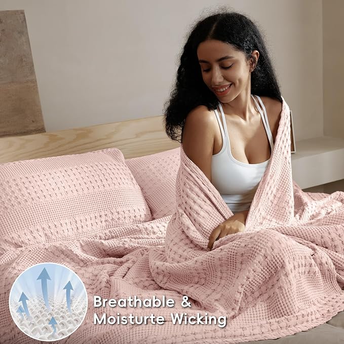 PHF 100% Cotton Waffle Weave Blanket Queen Size, Lightweight Breathable Summer Blanket for Hot Sleepers, Pre-Washed Soft Layer for Bed, Couch, Aesthetic Home Decor & Gift, 90"x90", Pumpkin Orange