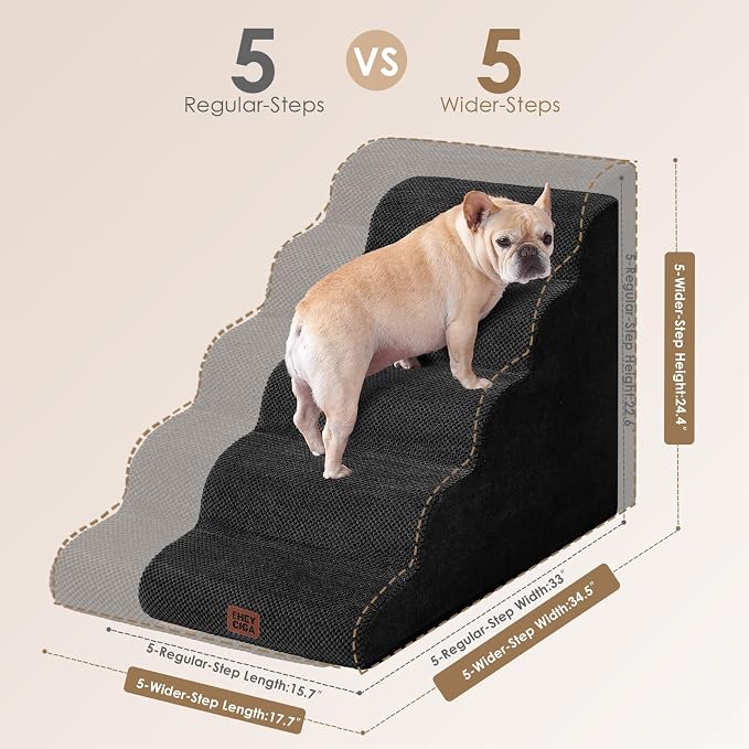 EHEYCIGA Curved Dog Stairs Ramp, 5-Step Extra Wide High Beds, Dog Steps | 33D density of pure foam, for Small Dogs and Cats, Pet Stairs for High Bed Climbing, Non-Slip Balanced Indoor, Black