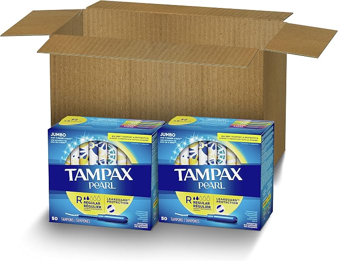 Tampax Pearl Tampons Regular Absorbency,with Leakguard Braid,Unscented, 4 Boxes - 50 Each (Packaging May Vary),(Pack of 200)