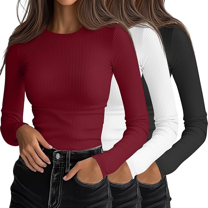 Ficerd 3 Pack Women's Ribbed Long Sleeve Tops, Crew Neck Slim Fit Undershirts Knit Basic Casual Stretch Layering Tee Shirts