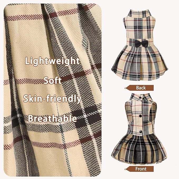 PUPTECK Classic Beige Plaid Dog Dress with Bow Puppy Skirt Clothes S | Cute Chic Cat Puppy Clothes for Small Medium Large Dogs Girl Pet Apparel Outfits Costume for Birthday Wedding Party Holiday