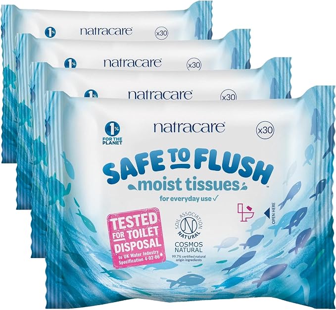 NATRACARE Safe To Flush Moist Tissues 30 Count, 30 CT (Pack of 4)