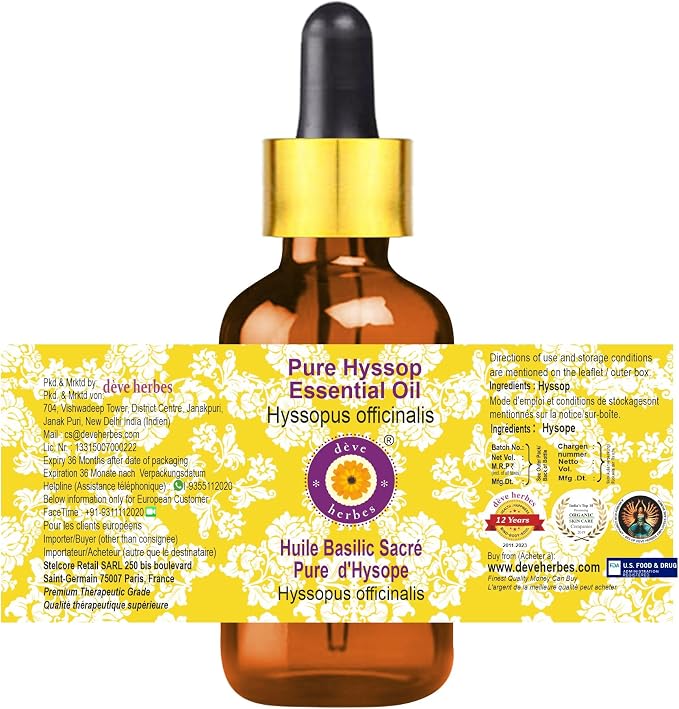 Deve Herbes Pure Hyssop Essential Oil (Hyssopus officinalis) with Glass Dropper Steam Distilled 15ml (0.50 oz)