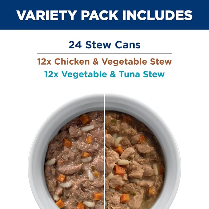 Hill's Prescription Diet k/d Variety Pack Wet Cat Food | #1 Veterinarian Recommended, Chicken & Vegetable Stew, Vegetable & Tuna Stew, 2.9 oz. Cans, 24-Pack