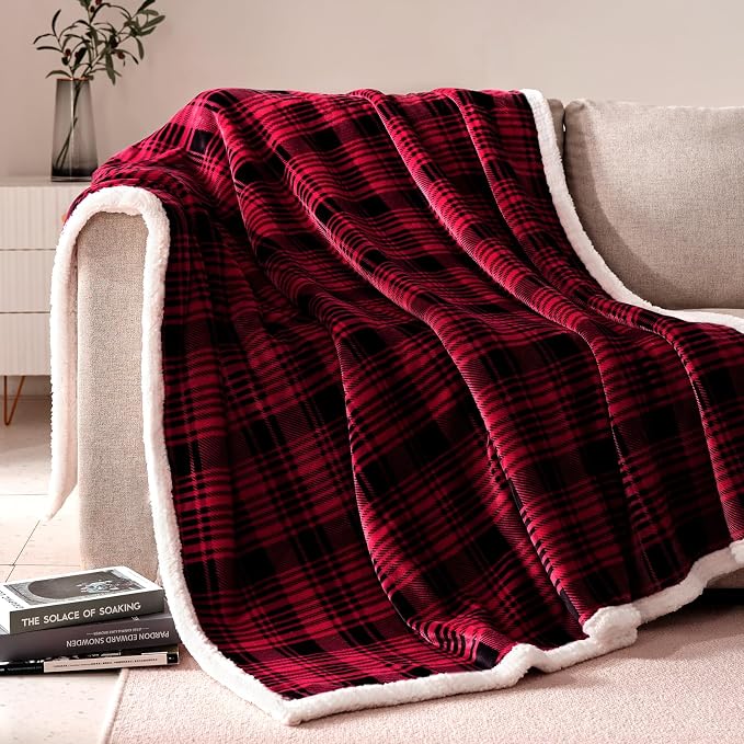 Sherpa Plaid Throw Blanket(60" X 70", Plaid Red), Fuzzy Fluffy Cozy Soft Blanket, Fleece Flannel Plush Twin Size Microfiber Blanket for Couch Bed Sofa