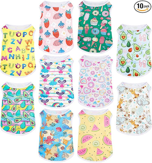 10 Pack Dog Shirts Cute Summer Cartoon Puppy Clothes, Soft Breathable Pet T-Shirts, Printed Sleeveless Washable for Small Medium Dogs Cats(Small)