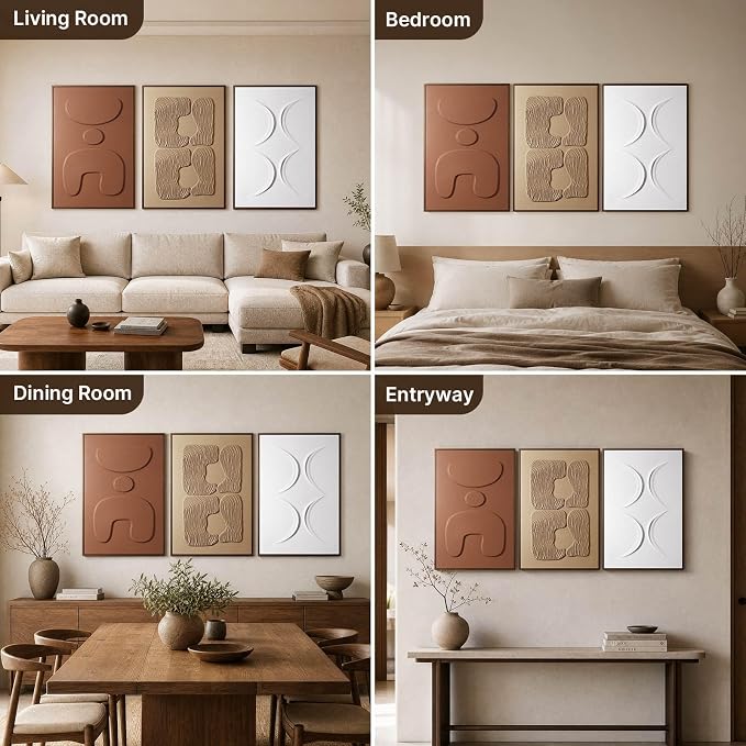 Thalasse Abstract Wall Art Large Framed 3D Ochre Terracotta 24x36 In | Wabi Sabi sandstone artwork, solid Catalpa wood frame, minimalist triptych hallway entryway, set of 3
