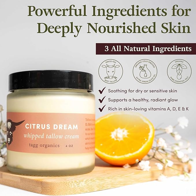Whipped Tallow Cream for Skin - 100% Organic & Chemical-Free - Deep, Long-Lasting Hydration & Nourishment for Dry & Sensitive Skin (Citrus Dream 4oz)