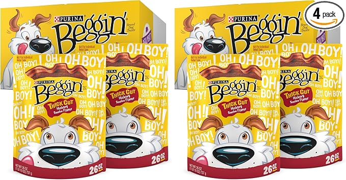 Purina Beggin' Strips Real Meat Dog Treats,Thick Cut Hickory Smoke Flavor - 26 oz. Pouches,(Pack of 4)