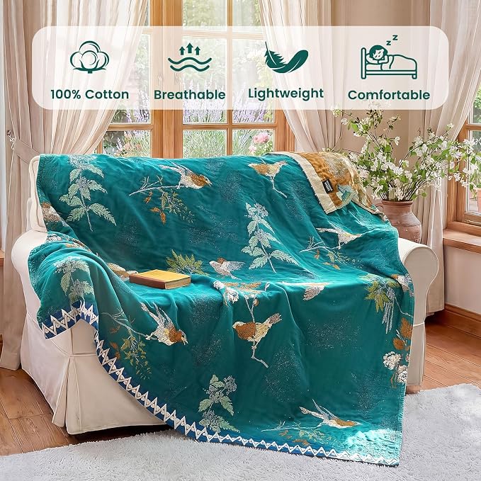 MSGKV Boho Throw Blanket 60"x80" Aviary Botanical Cotton Throw Blanket | Aviary Botanical Pattern, Muslin Throw, Reversible Woven, Lightweight Comfort, Twin Size Blanket, Decorative Home Accent