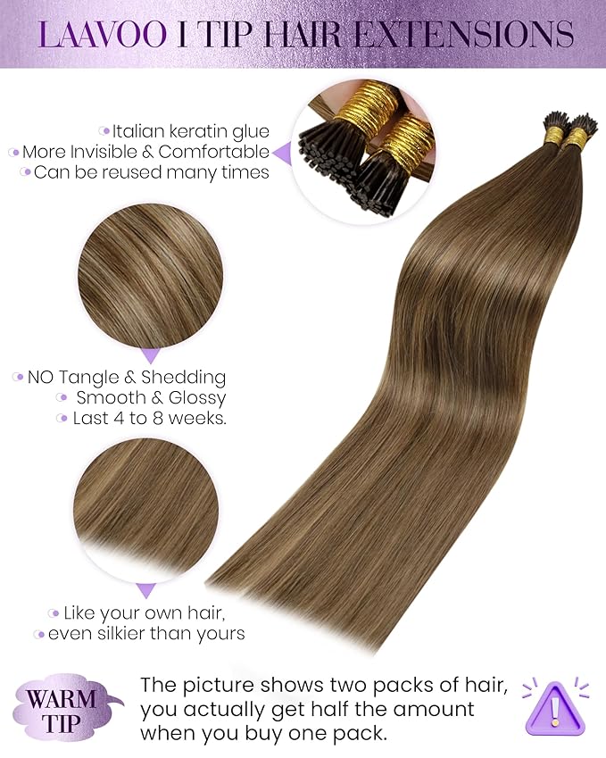 LaaVoo Itip Hair Extensions Human Hair Balayage Brown I Tip Hair Extensions Medium Brown Ombre Light Brown to Golden Brown I Tip Human Hair Extension Pre Bonded 18inch 100g 100s