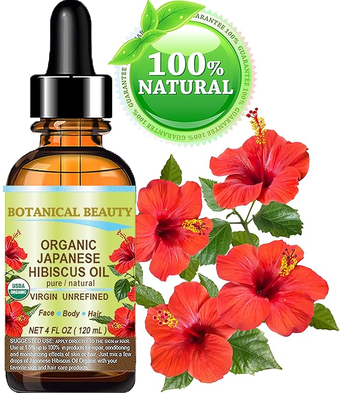Botanical Beauty Organic HIBISCUS OIL (Hibiscus Sabdariffa) JAPANESE 100 Pure Natural VIRGIN UNREFINED COLD PRESSED Anti Aging, Vitamin E Oil for FACE, SKIN, HAIR GROWTH (4 Fl Oz)