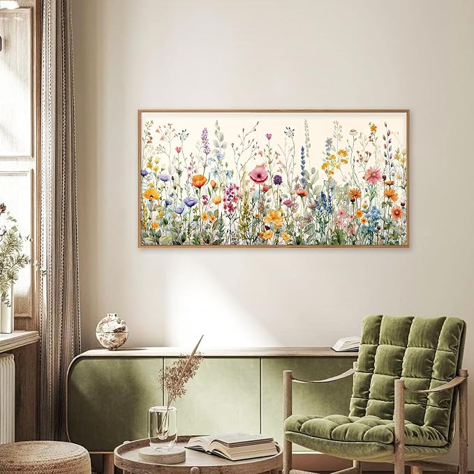 FWIEXA Floral Canvas Wall Art, Framed Wildflower Pictures Wall Decor, Large Flower Prints, Colorful Botanical Artwork, Watercolor Painting 20x40 Inches for Living Room, Bedroom, Office, Home