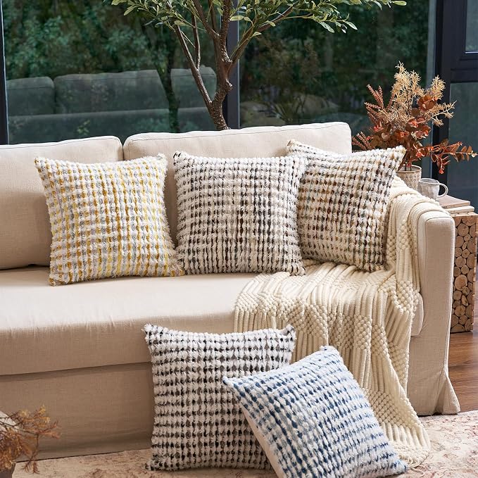 Aeckself Boho Chenille Tufted Pillow Cover 20x20 Inch, Decorative Square Throw Pillow Cover Neutral Pillowcase for Couch Bedroom Living Room, Black Gray