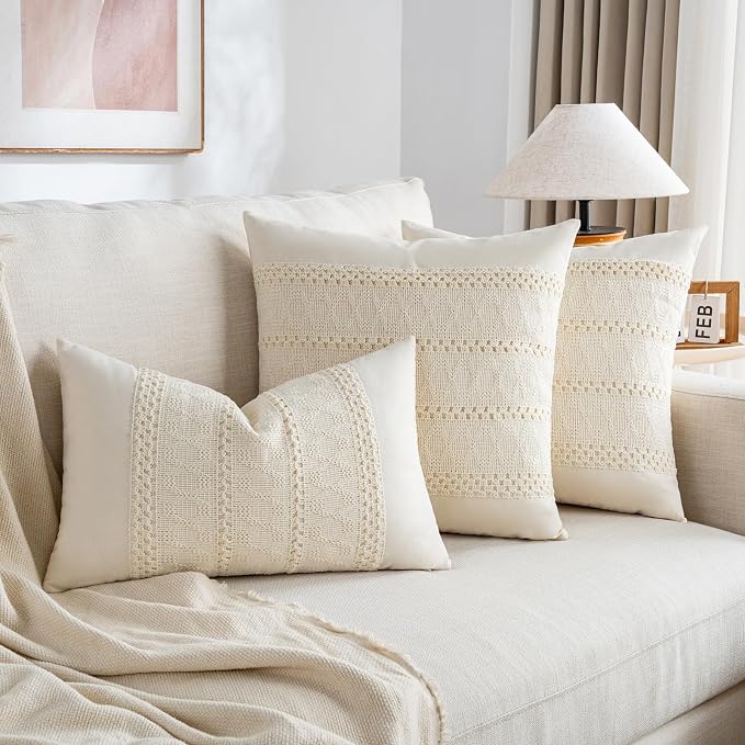 Fancy Homi Set of 2 Boho Cream Decorative Throw Pillow Cover 16x16 Inch for Couch Bed Sofa, Aesthetic Modern Organic Farmhouse Home Decor, Soft Cotton Cute Accent Macrame Woven Cushion Case
