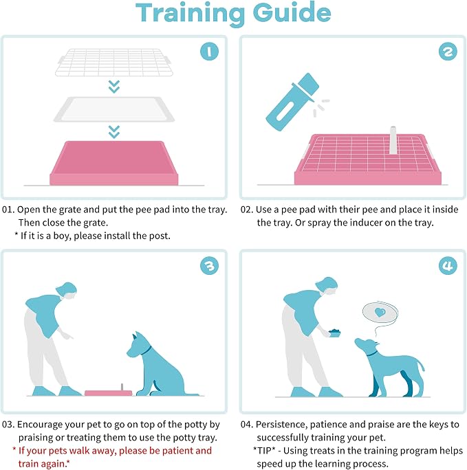 CUHIOY Dog Potty Tray Toilet 20"x14", Indoor Pee Pad Holder, Pink | With 8pcs Training Pads, Puppy Pee Mesh Potty Pan, Secure Latch Doggy Bathroom Litter Box for Small Medium Puppies