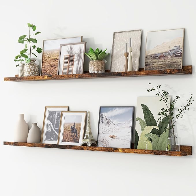 Picture Ledge Shelf, Long Floating Shelves for Wall, 56" W Set of 2, Brown | FSC Certified Engineered Wood, Wall Mounted Bookshelf, for Nursery Living Room Bedroom, Pre-Drilled, Easy Install