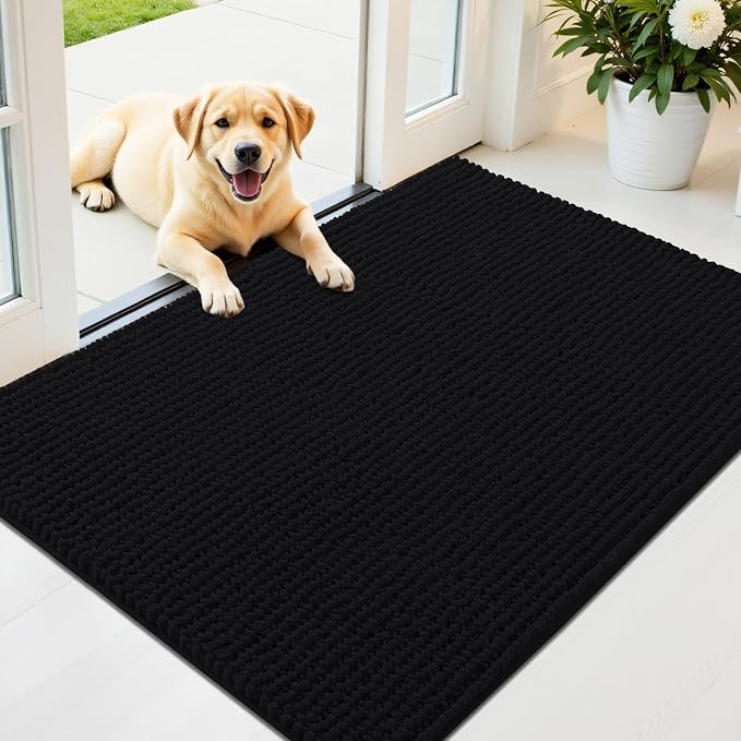 OLANLY Dog Door Mat for Muddy Paws 44x32, Extra Absorbent Chenille Mud Mat | Black, Absorbs Moisture and Dirt, Non-Slip Machine Washable Doormat, Quick-Drying Indoor Entryway Floor Mat for Dogs