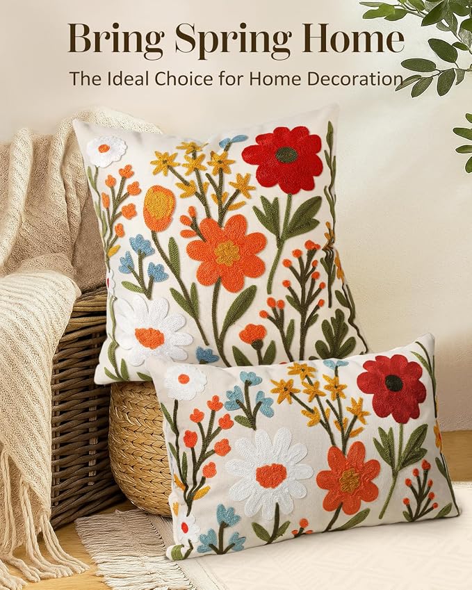 Embroidered Throw Pillow Cover 20x20 Inch, Flower Cluster | Decorative Pillow Cover, Floral Farmhouse Cushion Case with Hidden Zipper, Home Decor for Couch, Sofa, Living Room, Bedroom