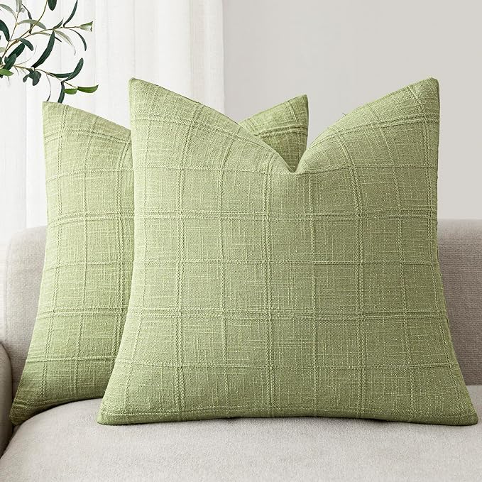 Foindtower Set of 2 Decorative Linen Check Throw Pillow Covers Neutral Farmhouse Vintage Cushion Covers Modern Boho Accent Home Decor for Sofa Chair Couch Bedroom Living Room,26×26 Inch,Light Green
