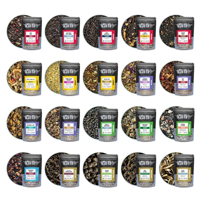 Tiesta Tea - Classic Teas Sampler Dry Flight Set, Loose Leaf, High to No Caffeine, Makes Hot & Iced, Assorted Tea Sets with Herbal, Black, Green, and Fruit Blends, 20 Resealable Sample Pouches