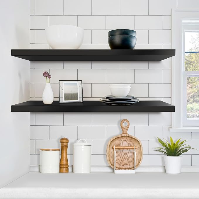 Sorbus Floating Shelves for Wall - 35 Inch Long Bathroom Shelves, Wall Decor for Bedroom, Kitchen, Living Room & Book Storage - Mounted Floating Shelf with Invisible Brackets (Black, 2 Pack)