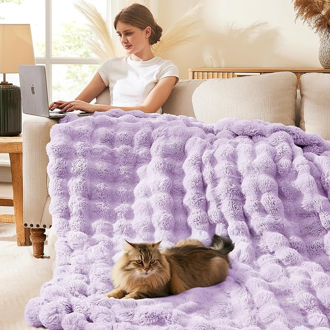 L'AGRATY Faux Rabbit Fur Throw Blanket for Couch, 60'' x 80'', Purple | Soft Cozy Bubble Fluffy Blanket for Sofa Bed, Thick Warm Plush Fuzzy Throw for Room Home Decor, Luxury Gift for Women Mom