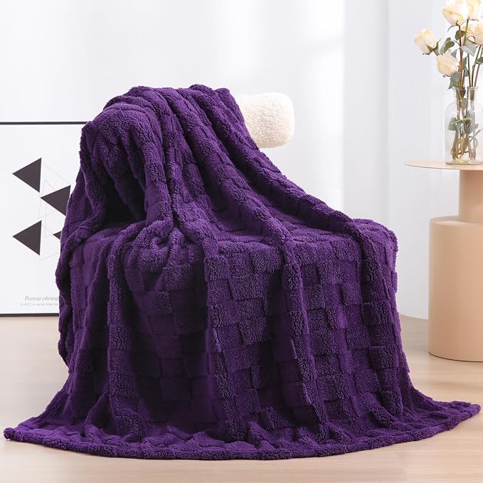 Deep Purple Fleece Throw Blanket 50”×60”Checkered Design for Couch | Super Soft Cozy Plush Microfiber 3D Square Pattern Flannel Blanket for Sofa Bed Lightweight for Adults,Women