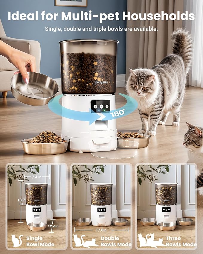 Automatic Cat Feeder with 3 Bowls, Strong Anti-Jam System, Dual-Effect Desiccant, Smart WiFi App Control Pet Feeder, Ivory