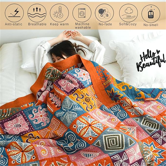 MSGKV Boho Throw Blanket 80"x90" 100% Cotton Checkered Throw for Bed Couch | 100% Cotton Throw, Checkered Pattern, Reversible Woven, Lightweight Comfort, Farmhouse Decor, All Seasons, Machine Washable