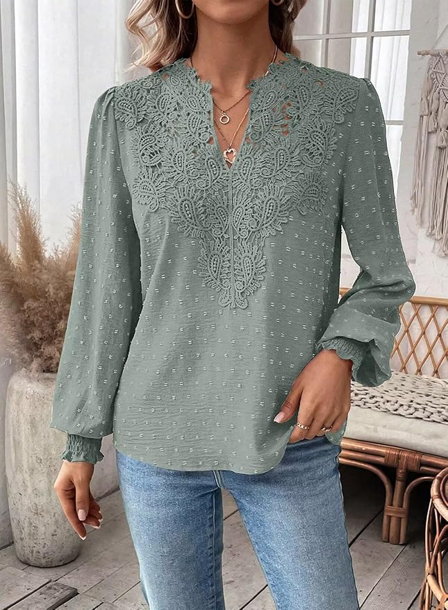 Womens Tops Swiss Dot Boho Long Sleeve Shirts V Neck Casual Chiffon Blouses Flowy Lace Hem Cute Clothing Trendy 2026