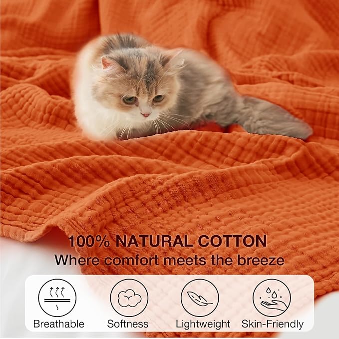 100% Cotton Muslin Blanket Twin 66" x 90", 6 Layers Breathable and Lightweight Cotton Blankets for Couch, Soft Cooling Summer Gauze Blanket for Adults All Season, Orange