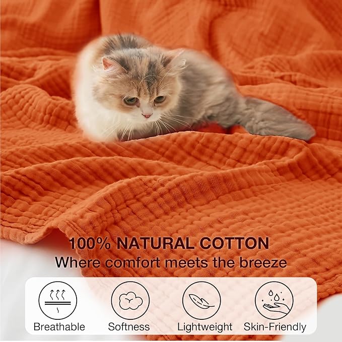 100% Cotton Muslin Blanket Large 50"x 70", 6 Layers Breathable and Lightweight Cotton Throw Blankets for Couch, Soft Cooling Summer Gauze Blanket for Adults All Season, Orange