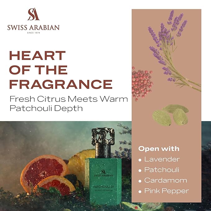 Swiss Arabian Patchouli 01 Patchouli Cologne for Men & Women – Long Lasting Modern Fougere Eau de Parfum, Lavender Mint Aromatic Notes | Heritage Collection Unisex Arabic Fragrance 50ml