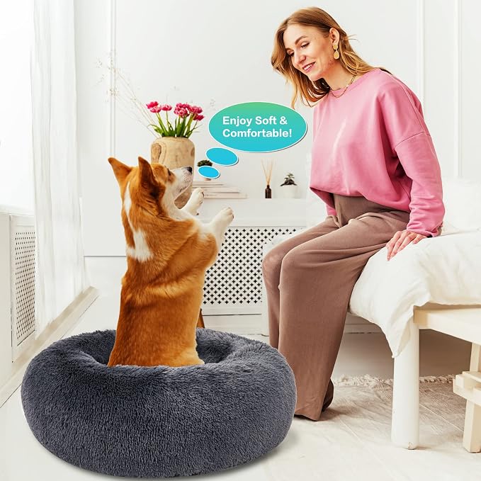 SAVFOX 30 inches Calming Donut Dog Bed - 3X Durable Plush Faux Fur, Machine Washable & Non-Slip, Fits up to 45 lbs, Dark Grey