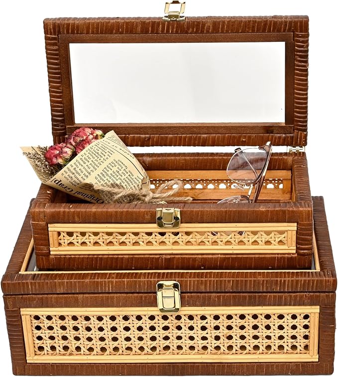 DECOR4SEASON Rattan and Cane Display Boxes with Glass Lid - Set of 2 Stackable Storage Organizers with Snag-Free Solid Wood Base - Rustic Farmhouse Decor for Jewelry, Remotes, and Keepsakes,Brown