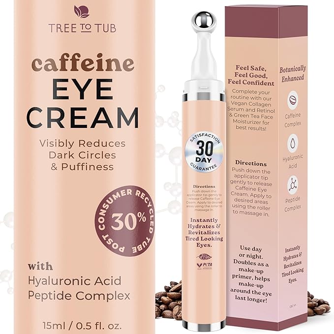 Tree To Tub Caffeine Eye Cream - Hydrating & Firming Under Eye Cream for Dark Circles, Eye Roller for Puffy Eyes, Reduces the Look of Puffiness and Bags, Coffee Eye Cream w/Hyaluronic Acid, Peptides