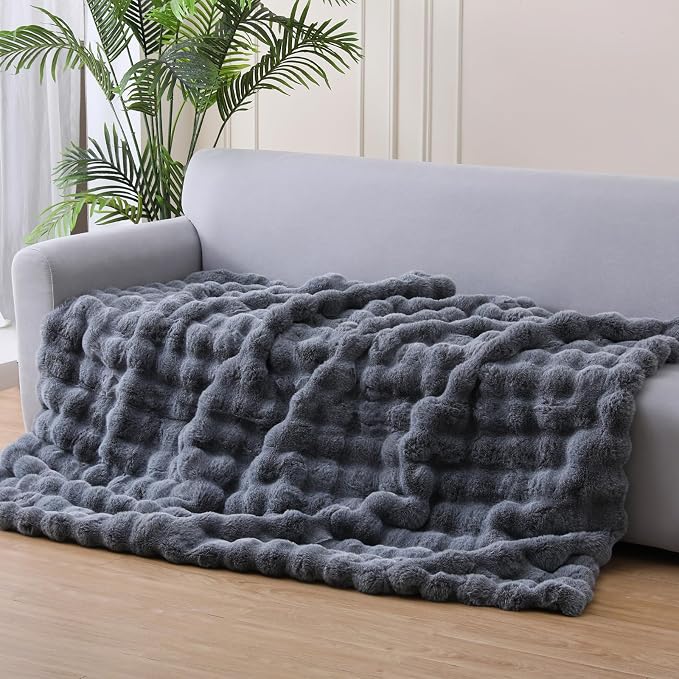 Super Comfort Oversized Warm Thick Bubble Luxury Plush Rabbit Faux Fur Throw Blanket, Fluffy Blanket,Soft Cozy Blanket for Couch Chair Bed Sofa Living Room (Cationic Grey, 50inX60in)