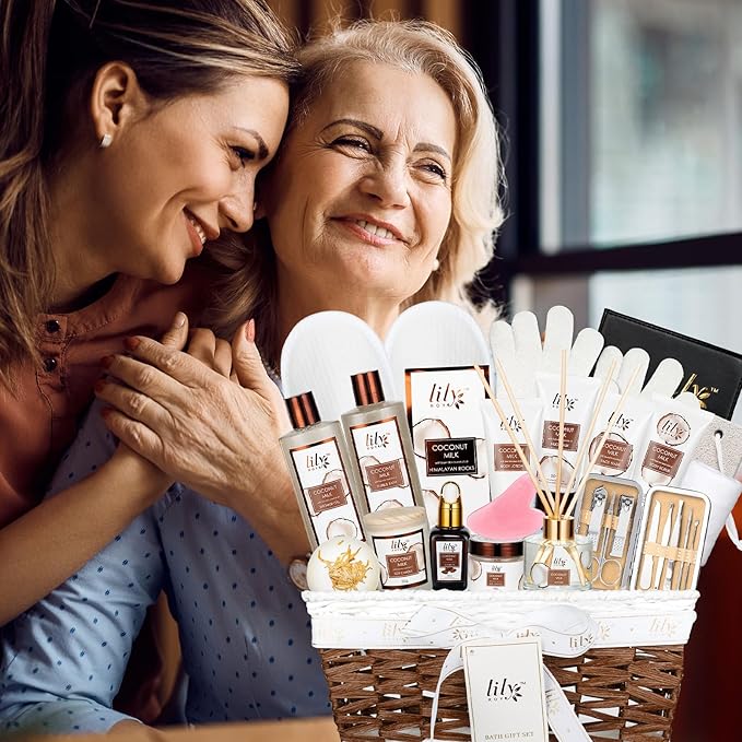 Mothers Day Gift Basket for Mom, Gifts for Women - 28Piece Coconut Vanilla Spa Gift Basket for Women & Men, Bath and Body Skin Care Gift Set for Birthday, Christmas Gifts, Spa Kit Self Care Gift