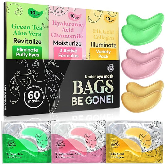 LivaClean 24k Gold Under Eye Patches - 60 Undereye Masks - Collagen Eye Patches for Puffy Eyes and Dark Circles - 3 Active Formulas, Hyaluronic Acid, Collagen, and Aloe Vera for Tired, Puffy eyes