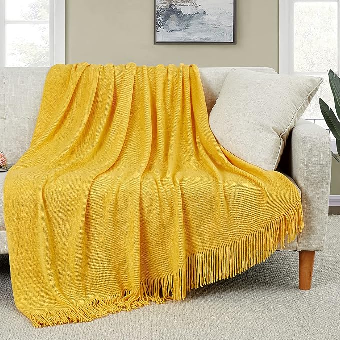 Homiest Mustard Yellow Knitted Throw Blanket with Fringe, 50x60 Inch | Pure Acrylic, Lightweight & Breathable, All-Season Use, Machine Washable, Wrinkle & Fade Resistant, for Couch Sofa And Bed