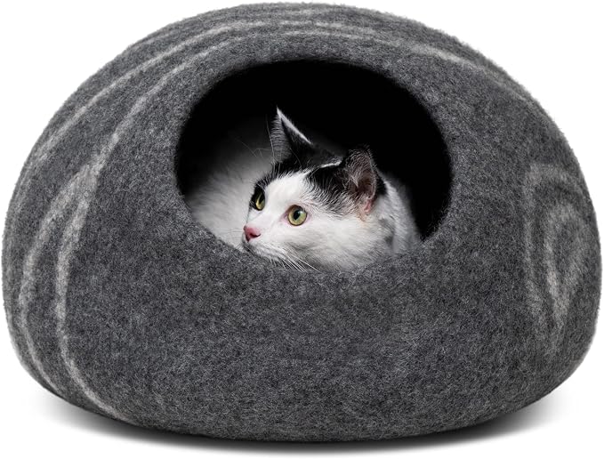 Cat Cave - Merino Wool Bed for Indoor Cats (Dark Gray, Medium) | Cat Bed Enclosure, Premium Felt, Handmade, Super Soft, Lightweight, Breathable, Adjustable Shape