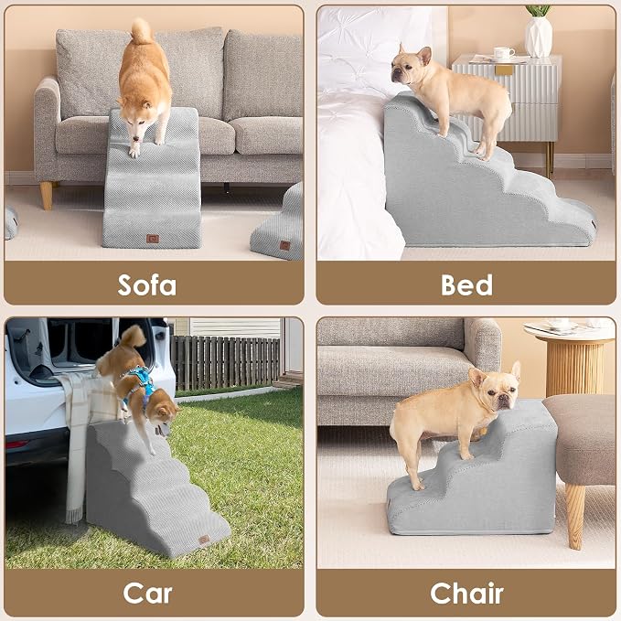 EHEYCIGA Curved Dog Stairs Ramp, 5-Step High Beds, 22.6" H Pet Step | 33D density of pure foam, for Small Dogs and Cats, Pet Stairs for High Bed Climbing, Non-Slip Balanced Indoor, Light Grey
